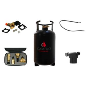 Kit complet GPL Campko 30L pour van, comprenant réservoir, boîte de transfert, adaptateurs, filtre et lyre pour une installation facile et sécurisée