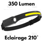 lampe frontale, LED, USB, 350 lumen, éclairage 210°